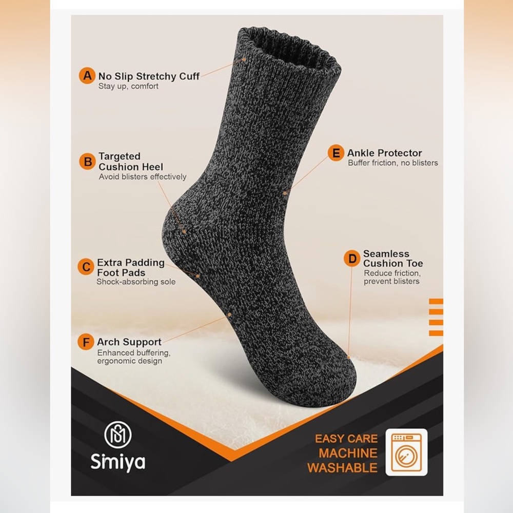 🆕 Merino Wool Socks for Men, 5 Pairs Thermal Warm Hiking Super Thick Crew - Picture 3 of 5